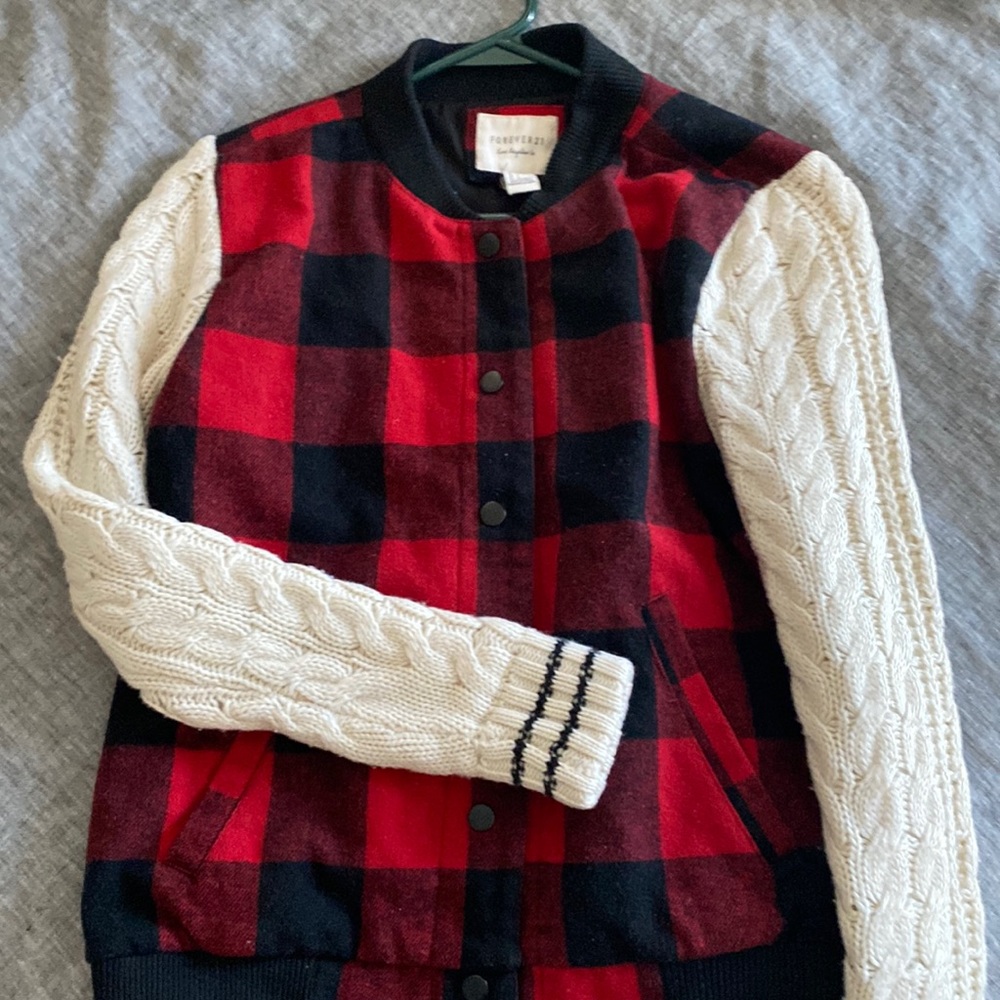 Buffalo Plaid Womens Jacket S Red Black Snaps Knit Long Sleeves mixed media